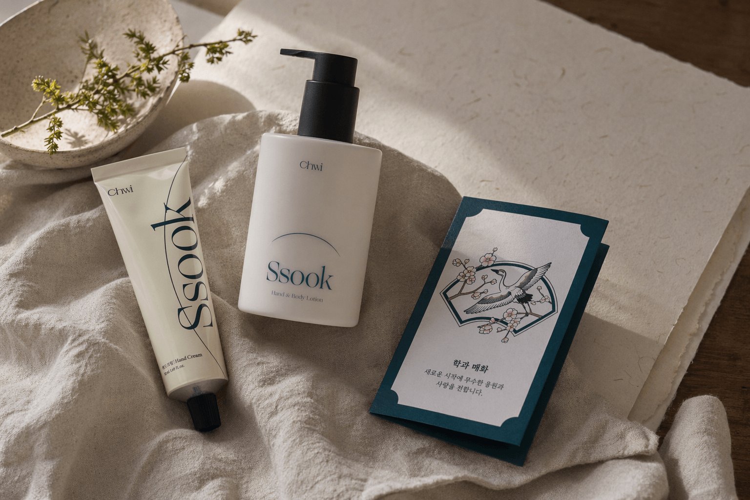 Vegan hand and body care arranged with Korean scent objects and paper packaging.