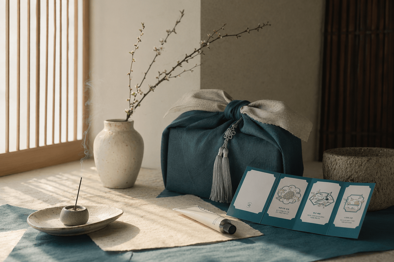Wrapped fragrance gifts beside hanji textures and softly lit scent objects.